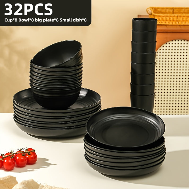 Black Wheat Straw Tableware Set β 16/32 Piece Unbreakable Eco-Friendly Plates Dessert Plates Bowls & Cups for 4-8 People, Outdoor Camping Party Wedding Halloween Kitchen Accessories
