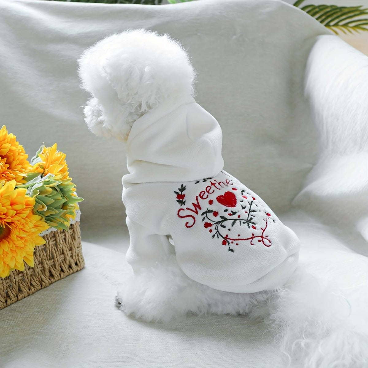 Sweat-shirt pour chien motif cœur d'amour, sweat à capuche pour la Saint-Valentin – Pull mignon pour petits chiens, tenue fine pour animal de compagnie printemps-automne, XS à XL, convient aux bichons, poméraniens, schnauzers, teddy, blanc