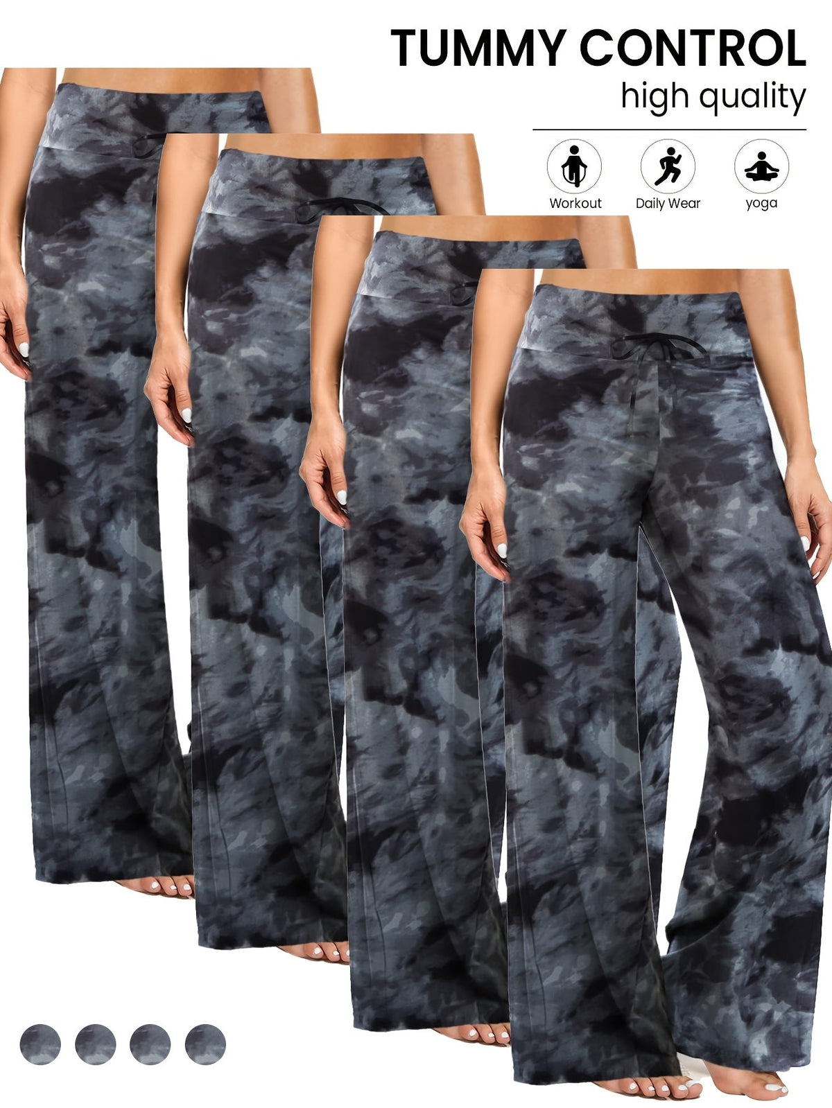 Pantalon palazzo large pour femme, lot de 4 – Pantalon fluide, extensible et décontracté à taille haute pour la plage ou la détente, pantalon habillé ample pour le quotidien, les vacances, l'été et grandes tailles – S à XXL, noir et couleurs assorties