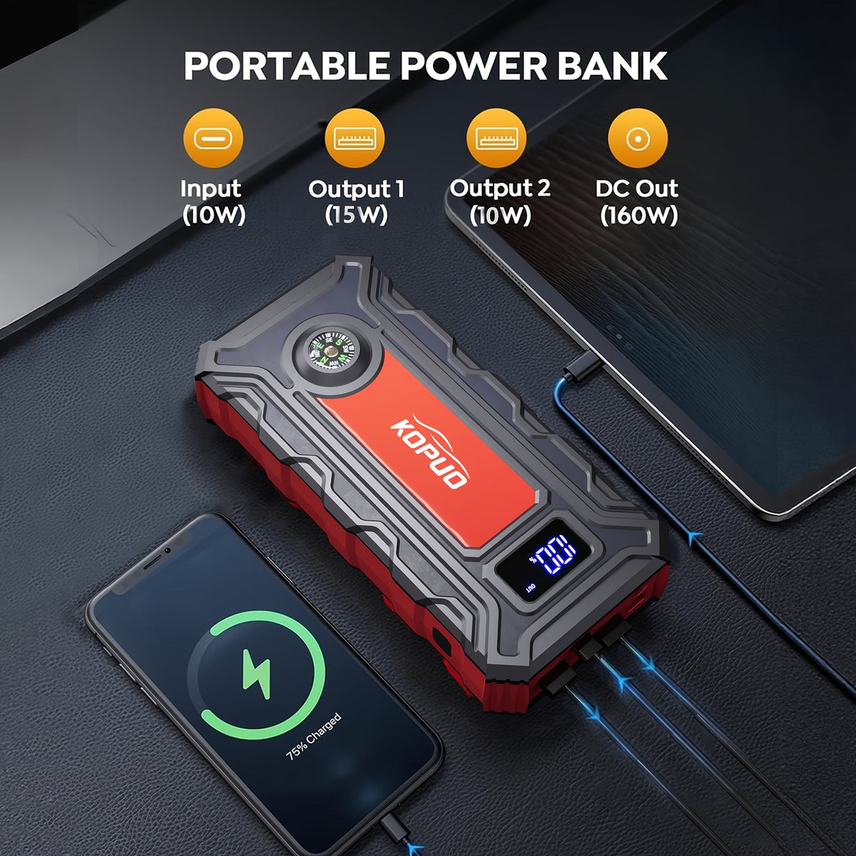Démarreur de voiture portable 5000A/6000A – Booster de batterie 12V pour véhicules essence et diesel, batterie externe à charge rapide 65W, lampe de poche LED et écran LCD, bloc de démarrage d'urgence compact