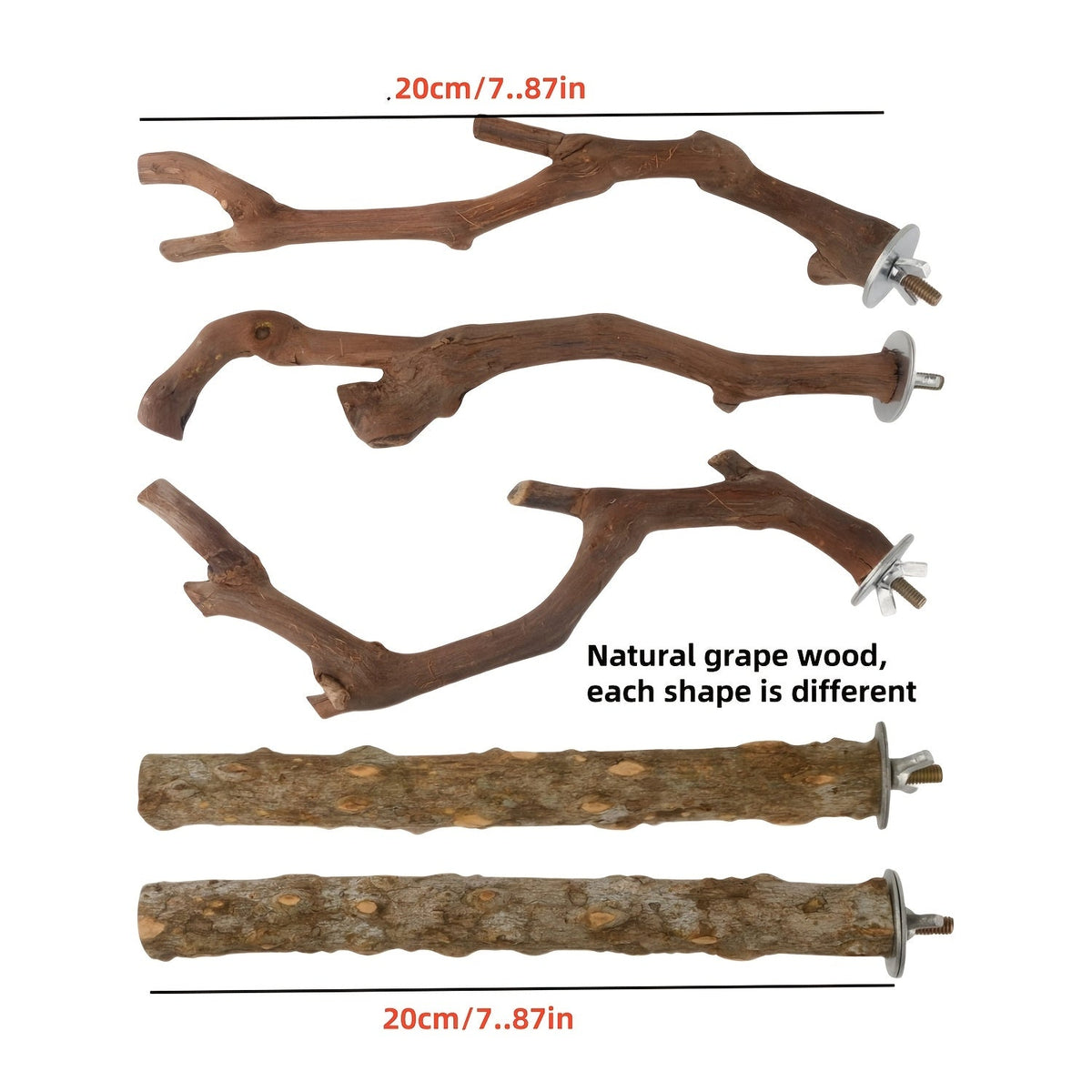 Perchoir pour oiseaux en bois naturel, lot de 5, bois de vigne et frêne épineux pour mâcher et limer les griffes, pour calopsittes, perruches, conures soleil – Ensemble de supports pour cage à oiseaux
