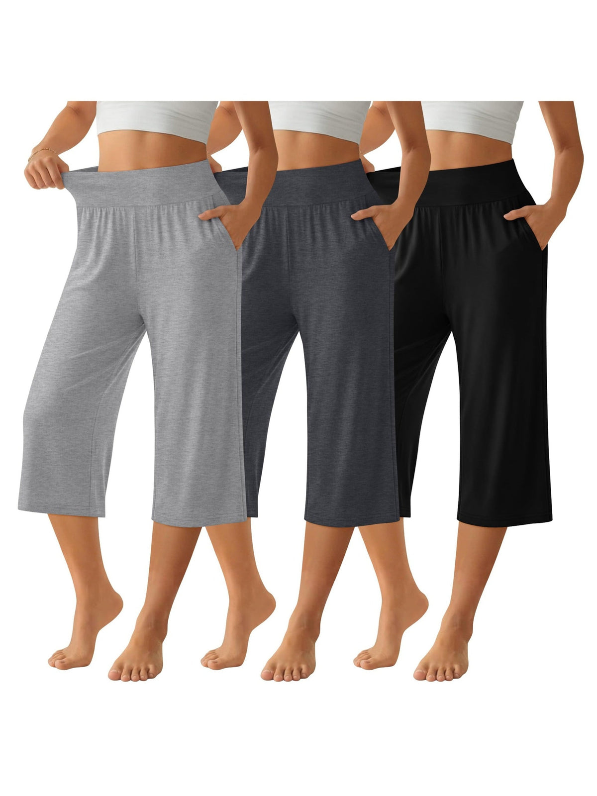 Lot de 3 pantalons Capri pour femme – Pantalons de jogging amples style détente, coupés avec poches et taille élastique, pantalon Capri de yoga pour le printemps, l'été, l'automne et les tenues décontractées du week-end