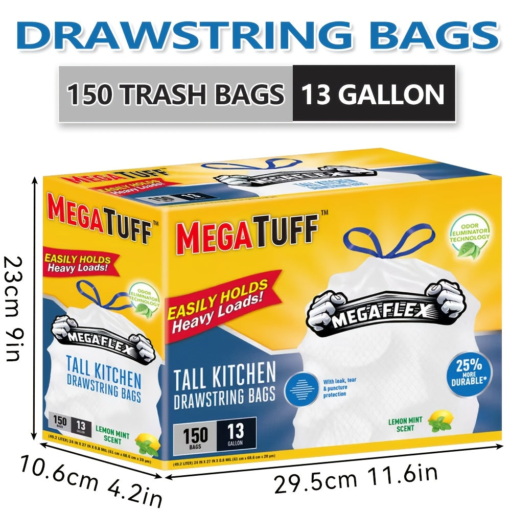 Sacs poubelle de cuisine de 50 litres avec liens coulissants et neutralisateur d'odeurs – Sacs jetables résistants aux perforations et aux déchirures, parfum frais menthe et citron, disponibles en boîtes de 78 et 150 unités