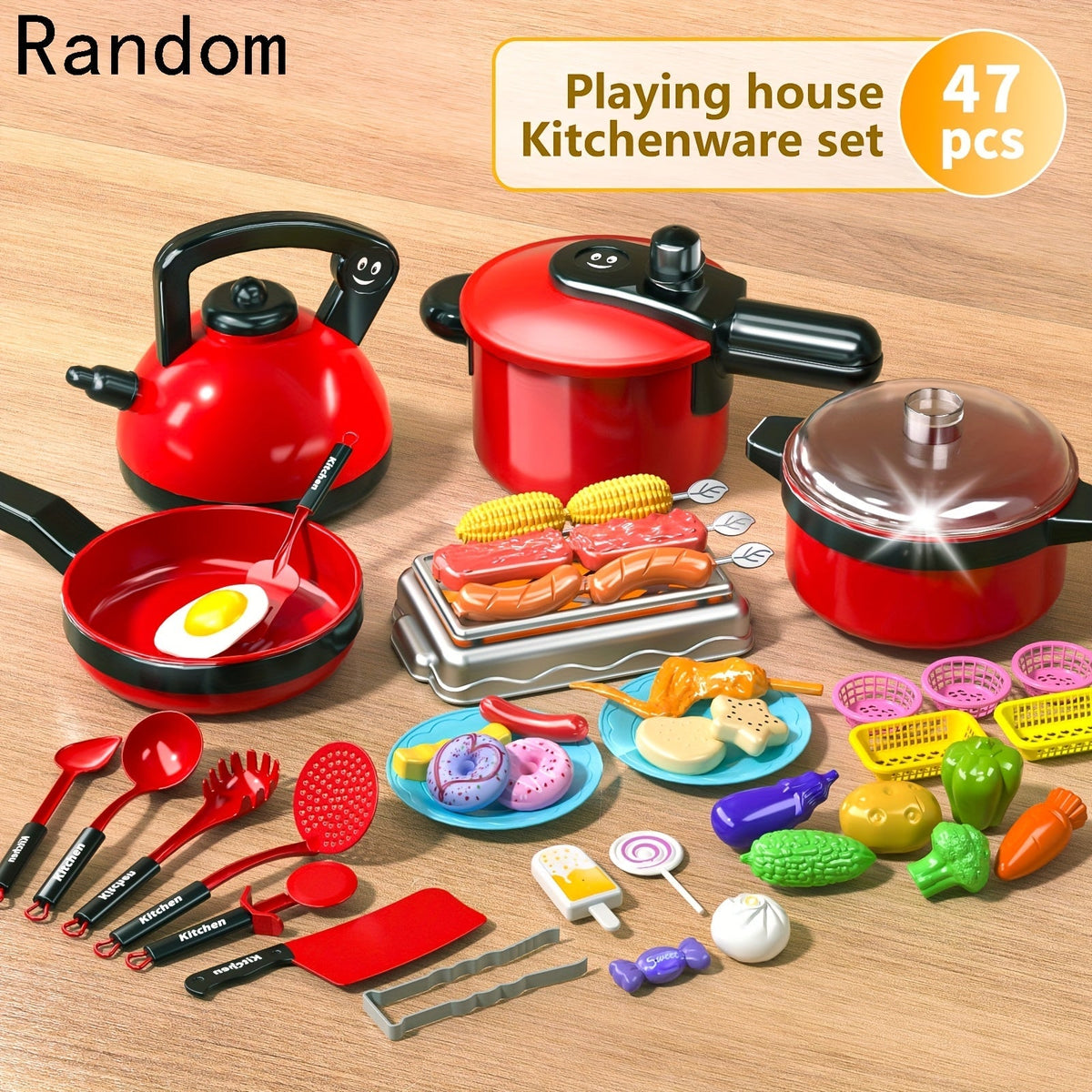 Ensemble de cuisine jouet 47 pièces, jeu d'imitation petit chef avec fruits, aliments et ustensiles réalistes, favorise l'imagination, la dextérité manuelle et l'apprentissage interactif, cadeau pour enfants