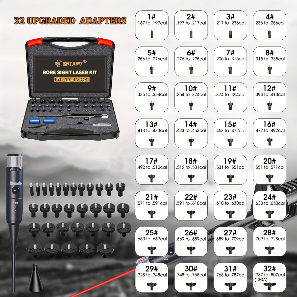 Kit laser de réglage de tir rouge/vert avec 8 ou 32 adaptateurs, universel multi-calibre de 0.17 à 12GA pour fusil, pistolet et fusil de chasse - Outil tactique de mise à zéro d'arme