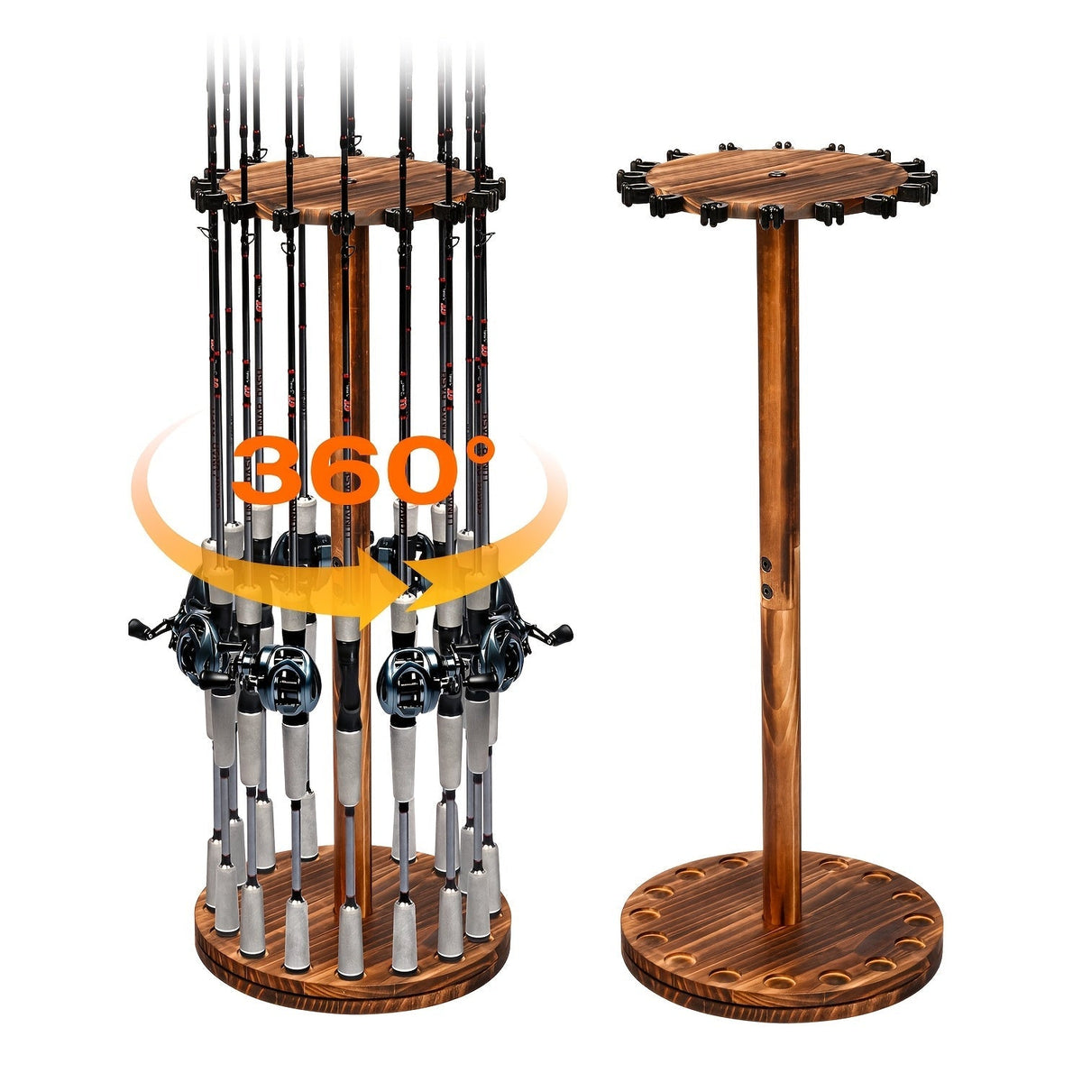 Support de cannes à pêche circulaire en bois, capacité 16 cannes, organisateur gain de place pour garage, abri de jardin ou espace détente – Options rotatif à 360° ou fixe, construction en bois robuste, cadeau pour pêcheur