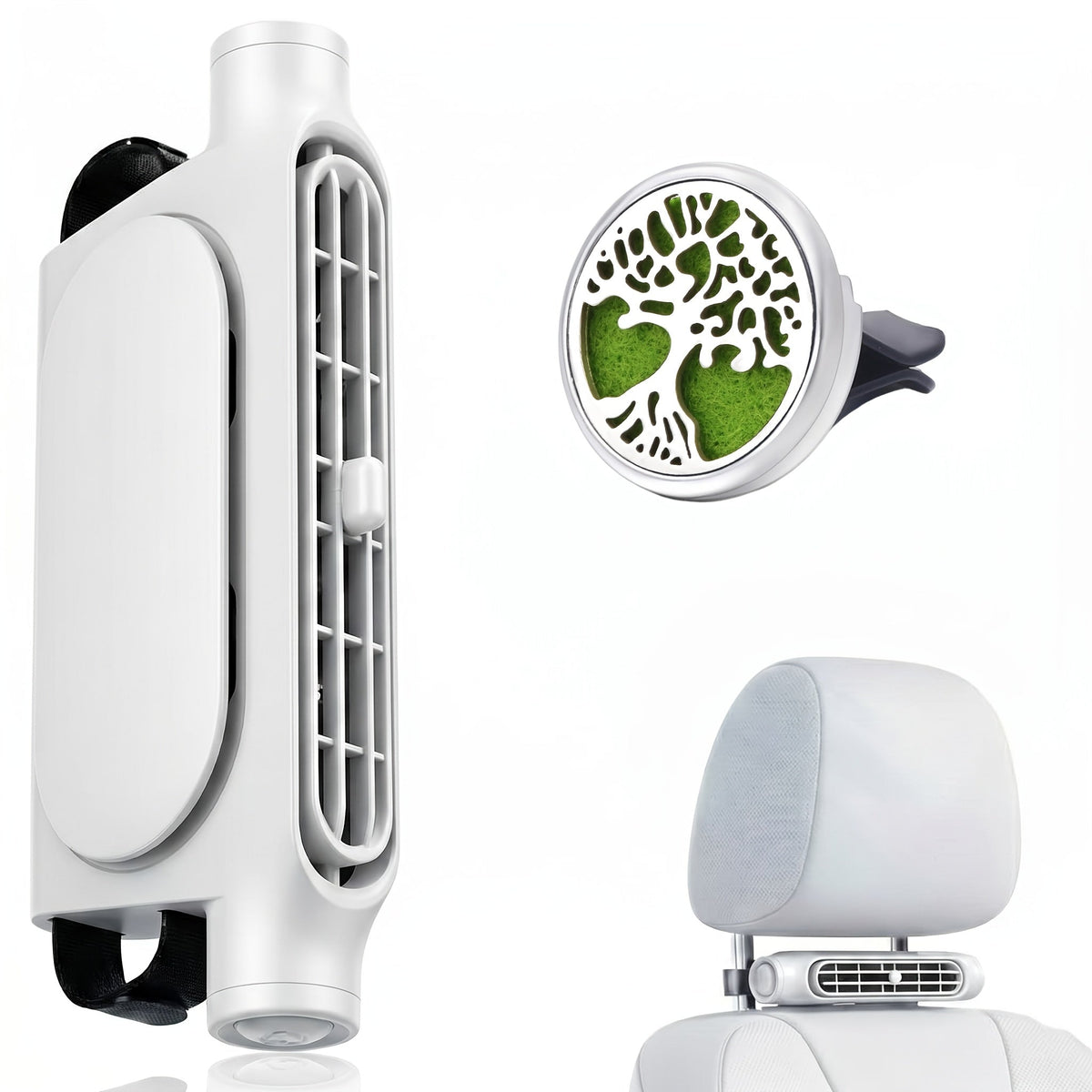Ventilateur de voiture USB sans pales à 3 vitesses, refroidissement silencieux – Ventilateur de siège plug-and-play avec câble USB, restez au frais dans les embouteillages, ajustement universel pour tous les modèles de voiture, blanc et noir