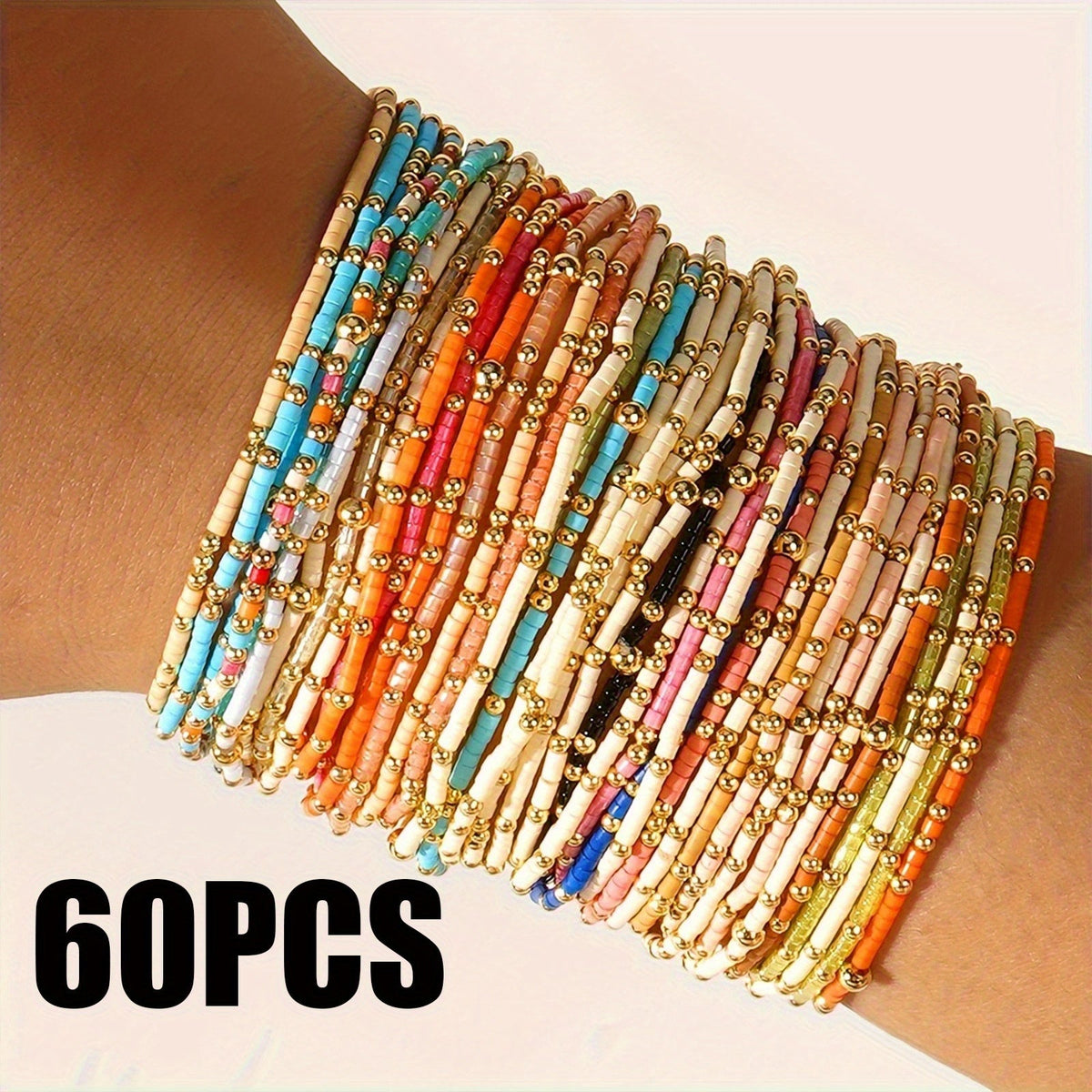Lot de 60 bracelets élastiques en perles de rocaille bohèmes pour femmes – Ensemble de bracelets extensibles style bohème empilables et multicolores, création de bijoux DIY, style décontracté et festival, couleurs de perles aléatoires