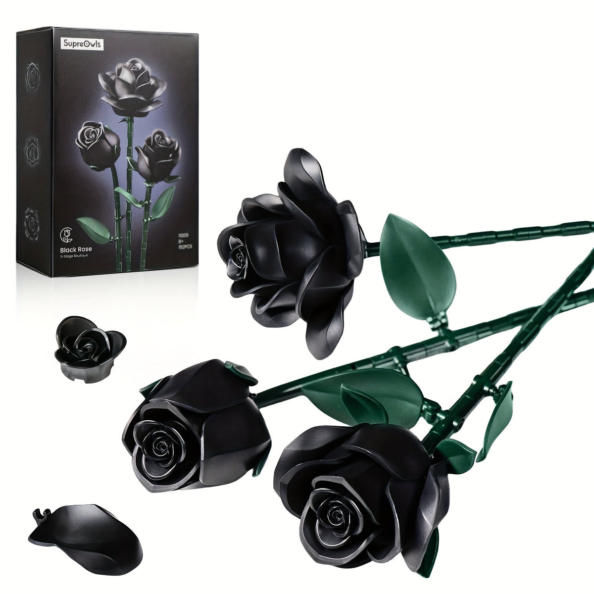 Ensemble de briques de construction 3D Rose noire gothique 152 pièces, kit de modèle d'exposition de bouquet de fleurs artificielles, trois roses noires, cadeau unique pour adultes, adolescents, Saint-Valentin, anniversaire, Halloween, Noël