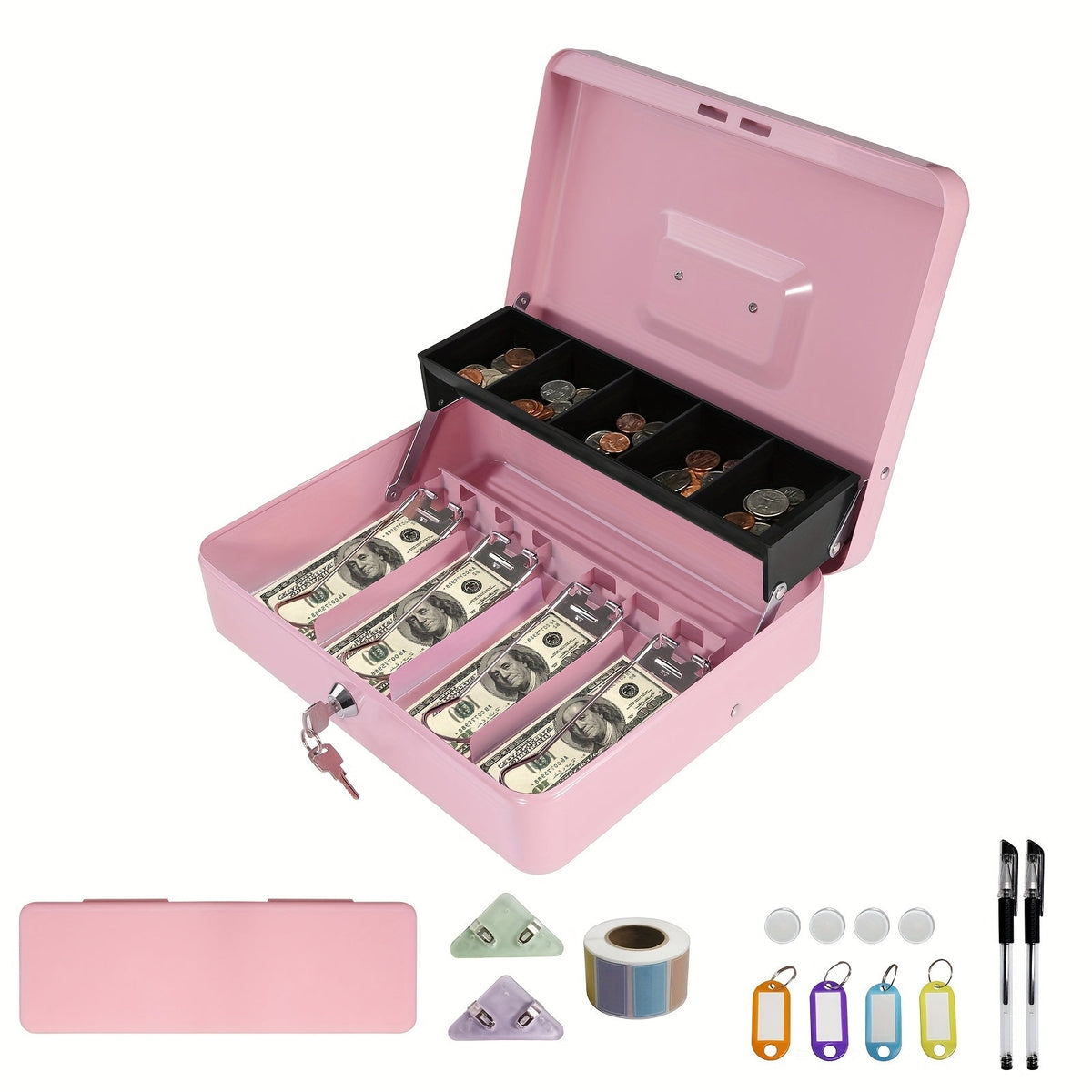 Grande caisse verrouillable avec plateau à monnaie – Coffre de sécurité en métal avec 6 accessoires pour caisse enregistreuse, maison, bureau et entreprise, 6 couleurs, options de verrouillage à clé et à combinaison