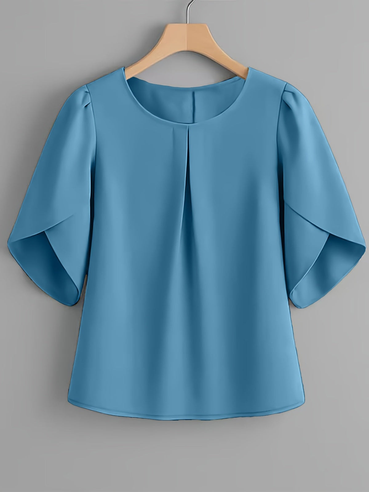 Chemisier femme à manches courtes, col rond, poignets à volants et plis sur la poitrine – Haut élégant en tissu 100 % polyester, semi-transparent, avec manches fendues