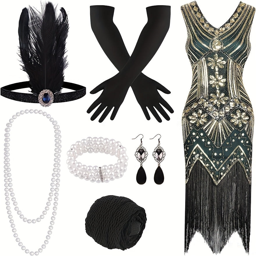 Robe Charleston années 1920 pour femme, à sequins, perles et franges, col en V, costume Great Gatsby avec accessoires, S-XL, rouge, noir, doré