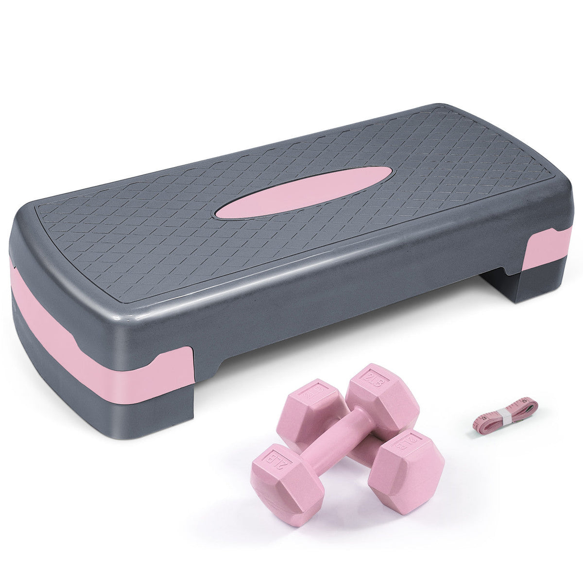 Ensemble de stepper d'aérobic à hauteur réglable avec 2 haltères et ruban à mesurer – Plateforme d'exercice antidérapante, rehausseurs de 10 à 15 cm, capacité de 250 kg, entraînement en salle de sport à domicile – Rose/gris, bleu et vert