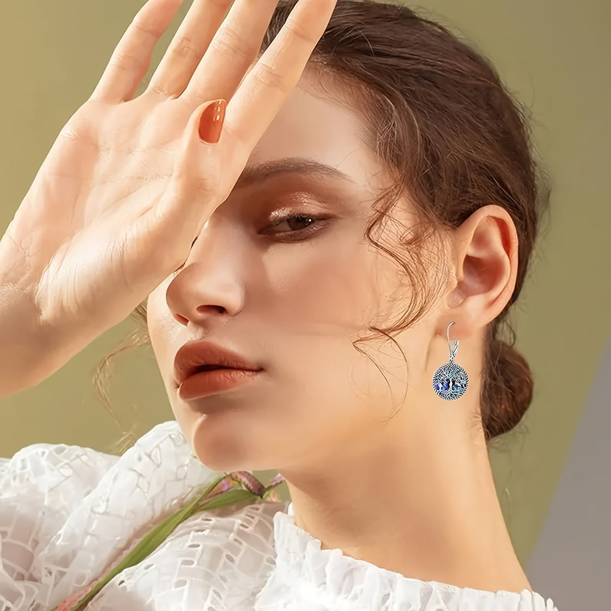 Boucles d'oreilles pendantes Arbre de vie en argent sterling 925 et nacre d'ormeau pour femme – Parure de bijoux spirituels bohèmes