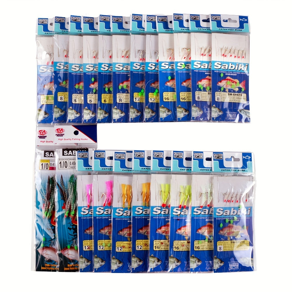 Lot de 22 montages de pêche avec hameçons en acier à haute teneur en carbone, perles lumineuses, leurres à flasher – Kit d'accessoires de pêche en eau douce et en eau salée pour bar, truite et saumon