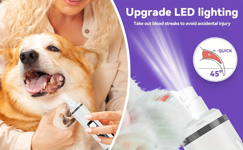 Coupe-griffes électrique silencieux pour animaux avec lumière LED – Kit de tondeuse rechargeable amélioré à 3 vitesses, entretien des pattes sans douleur pour chiens et chats de petite, moyenne et grande taille