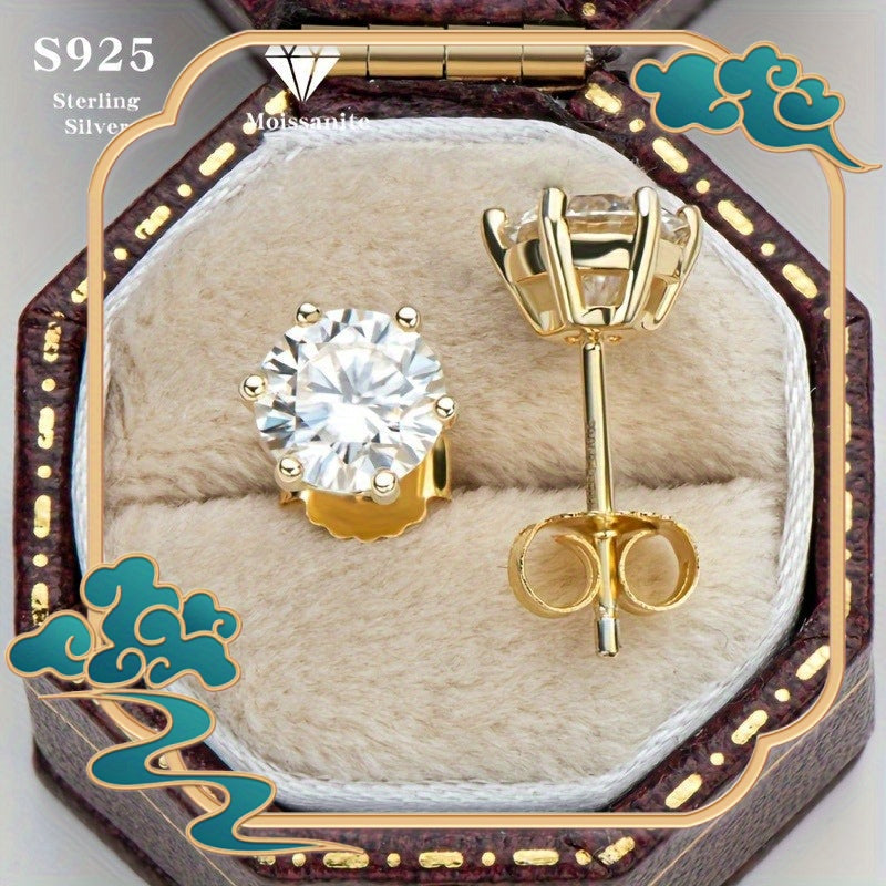 Boucles d'oreilles puces en argent sterling S925 et moissanite pour femme – Style vintage élégant, 0,5 ct, 1 ct, 2 ct, 3 ct, doré et argenté, bijou pour le quotidien ou pour offrir en cadeau