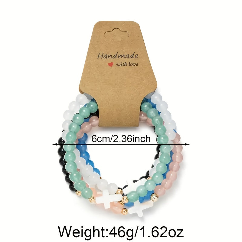 Lot de 10 bracelets bohèmes en perles de verre avec croix – Bracelets élastiques multi-rangs empilables avec accents en zircon et alliage de zinc, bijoux élégants pour le quotidien, les fêtes et les cadeaux