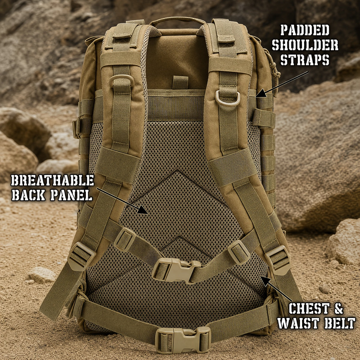 Sac à dos de randonnée tactique 45 L pour 3 jours – Sac multifonction pour le camping, le trekking et la chasse avec fermeture zippée, sac de sport durable pour hommes et femmes, noir, vert, kaki