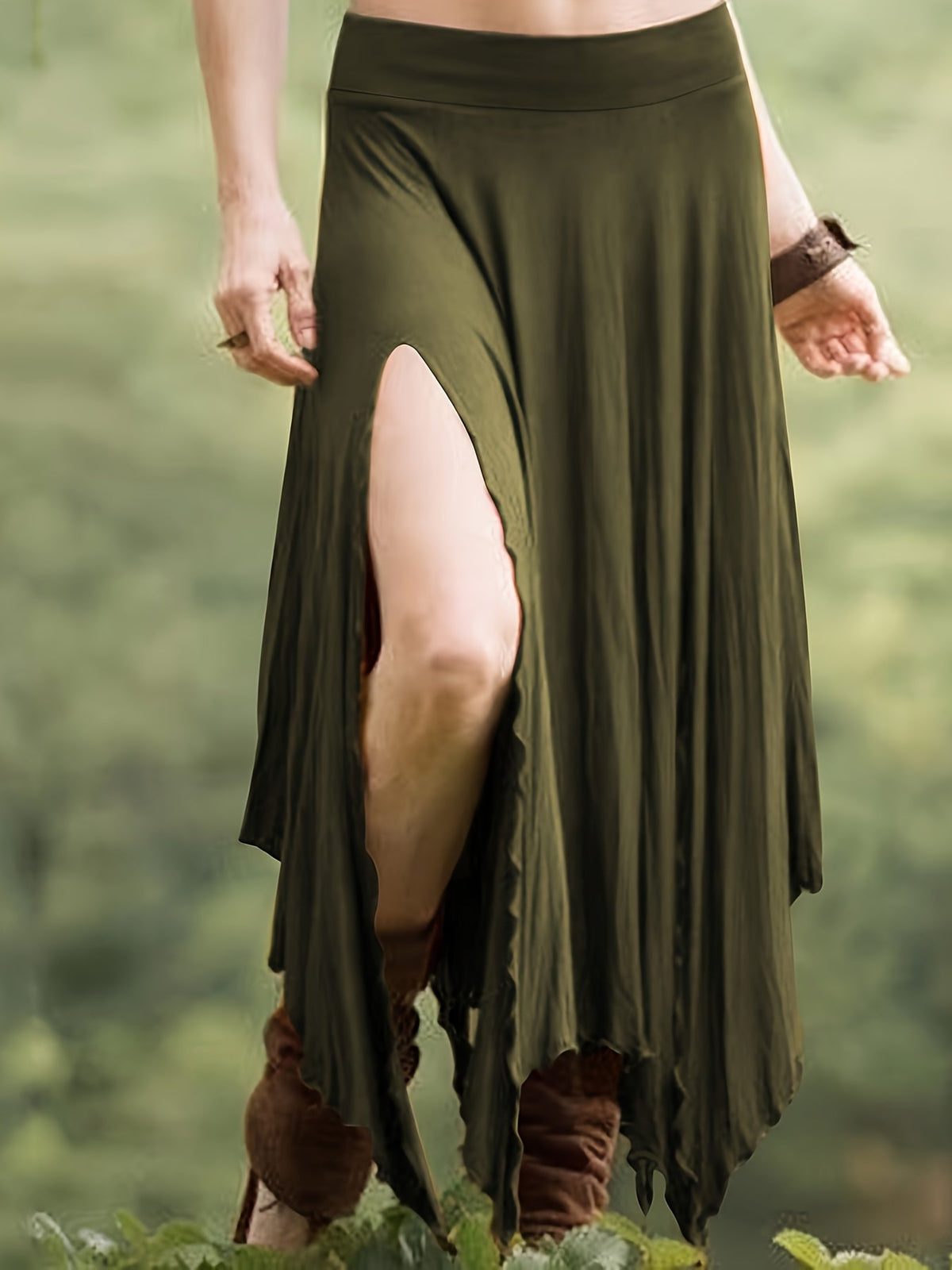 Jupe asymétrique pour femme - Jupe midi fendue à taille haute avec cordon de serrage, maille extensible 95 % polyester, style vintage décontracté pour le printemps et l'été