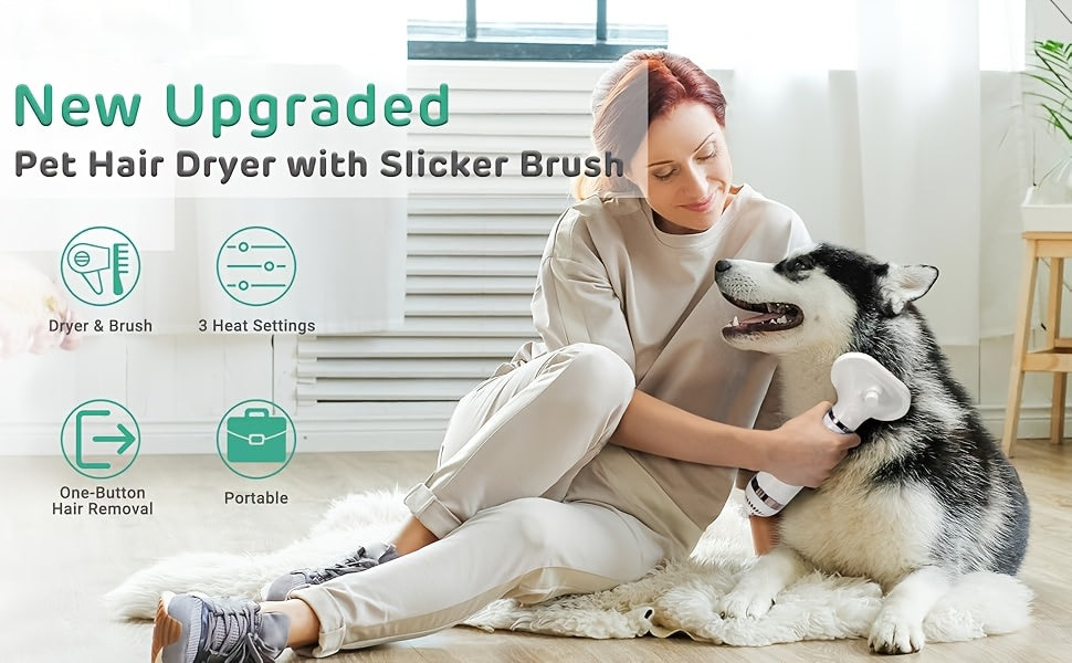 Sèche-poils pour animaux 2-en-1 avec brosse carde autonettoyante – Séchoir de toilettage portable pour chiens et chats, 3 réglages de température, silencieux, poils en acier inoxydable, outil de toilettage pour la maison et les voyages