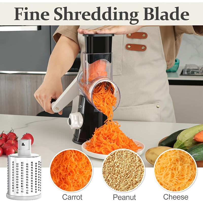Râpe à fromage rotative manuelle avec 3 lames interchangeables - Base à ventouse antidérapante, brosse de nettoyage incluse, pour fromage frais, légumes et noix, cadeau d'ustensile de cuisine