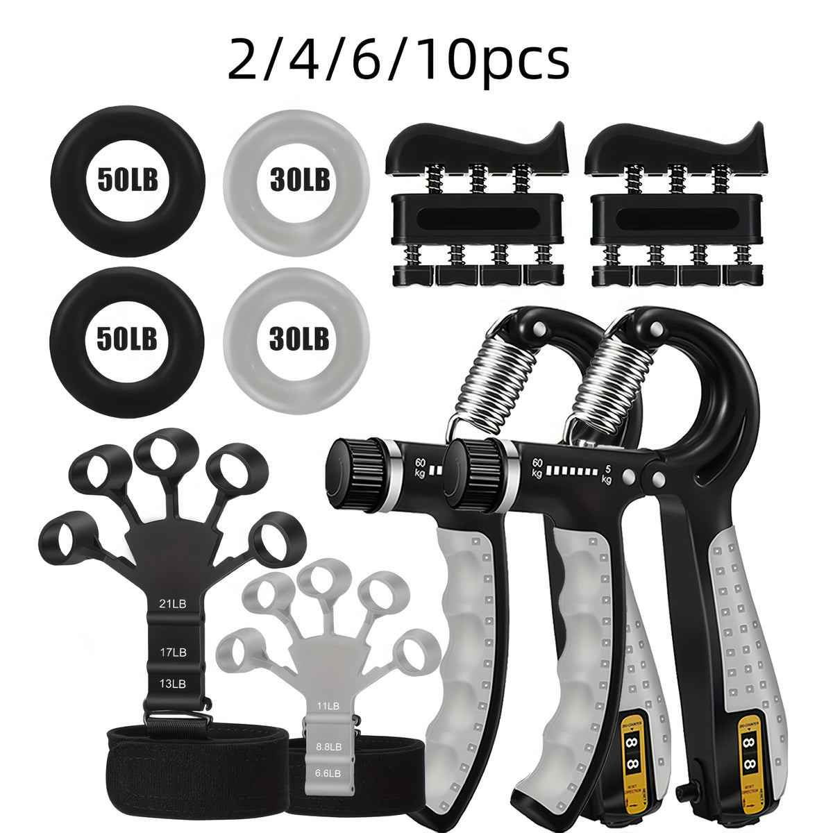 Kit d'entraînement de la force de préhension 4 pièces – Pince de musculation, exerciseur de doigts, anneau de renforcement manuel et extenseur de doigts avec dragonne pour hommes, femmes et athlètes