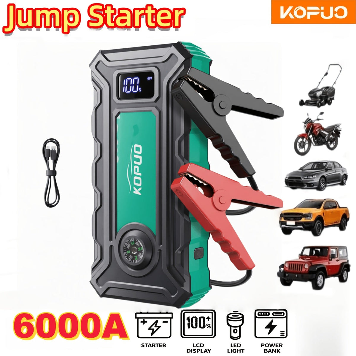 Démarreur de voiture portable 5000A/6000A – Booster de batterie 12V pour véhicules essence et diesel, batterie externe à charge rapide 65W, lampe de poche LED et écran LCD, bloc de démarrage d'urgence compact