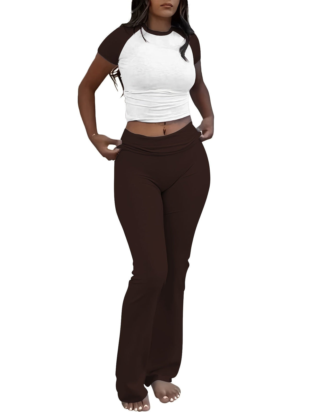 Ensemble deux pièces pour femme - T-shirt ajusté à manches courtes et col rond & pantalon moulant à pattes d'eph, tenue décontractée unie pour le quotidien, tailles XS-XL