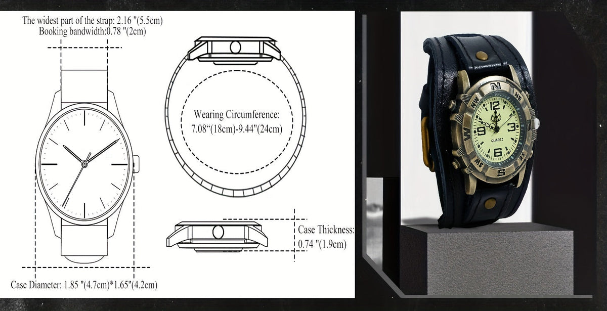 Montre à quartz analogique unisexe style steampunk vintage avec large bracelet en cuir – Style biker, boîtier rond, marron foncé, noir, marron, cadeau pour Halloween, Noël, fête des Pères