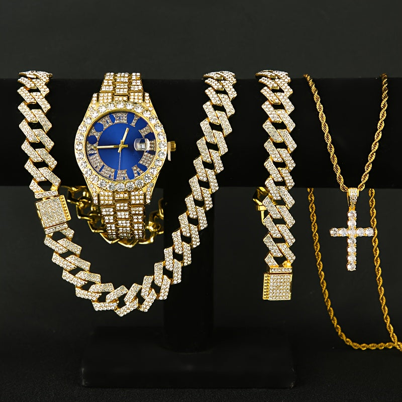 Ensemble cadeau pour homme : montre à quartz avec strass, collier et bracelet, 3 ou 4 pièces – Parure de bijoux avec collier croix pour homme, accessoire de fan de football, cadeau d'anniversaire ou de fêtes, argenté ou doré