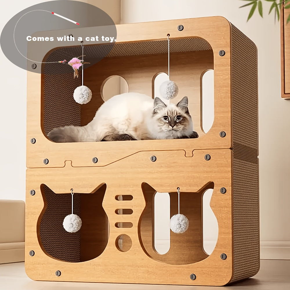 Maison à griffer en carton pour chat – Abri et couchage durables avec jouet plumeau, griffoir d'intérieur ventilé, disponible en tailles 17,7" et 22"