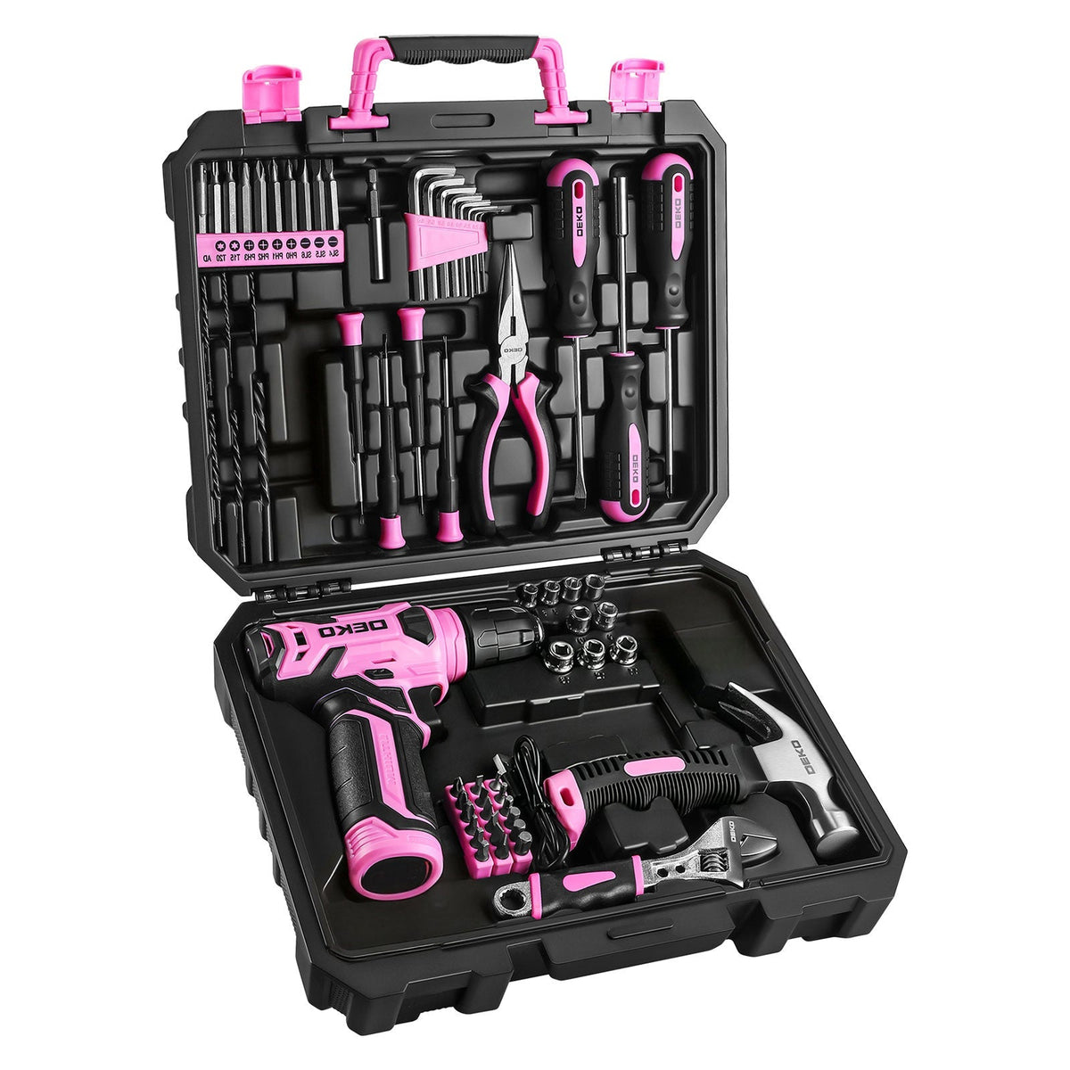 Ensemble d'outils avec perceuse sans fil 119/151 pièces, 8V rechargeable USB-C avec LED – Kit de réparation domestique tout-en-un léger pour femmes, bricolage, jardinage et montage de meubles, 6 couleurs, idée cadeau idéale