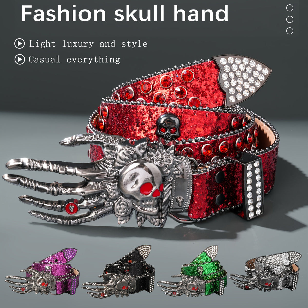 Ceinture punk unisexe à tête de mort – Similicuir orné de strass avec boucle tête de mort en alliage de zinc, accessoire de mode audacieux pour Halloween, les fêtes et le quotidien, 5 couleurs disponibles