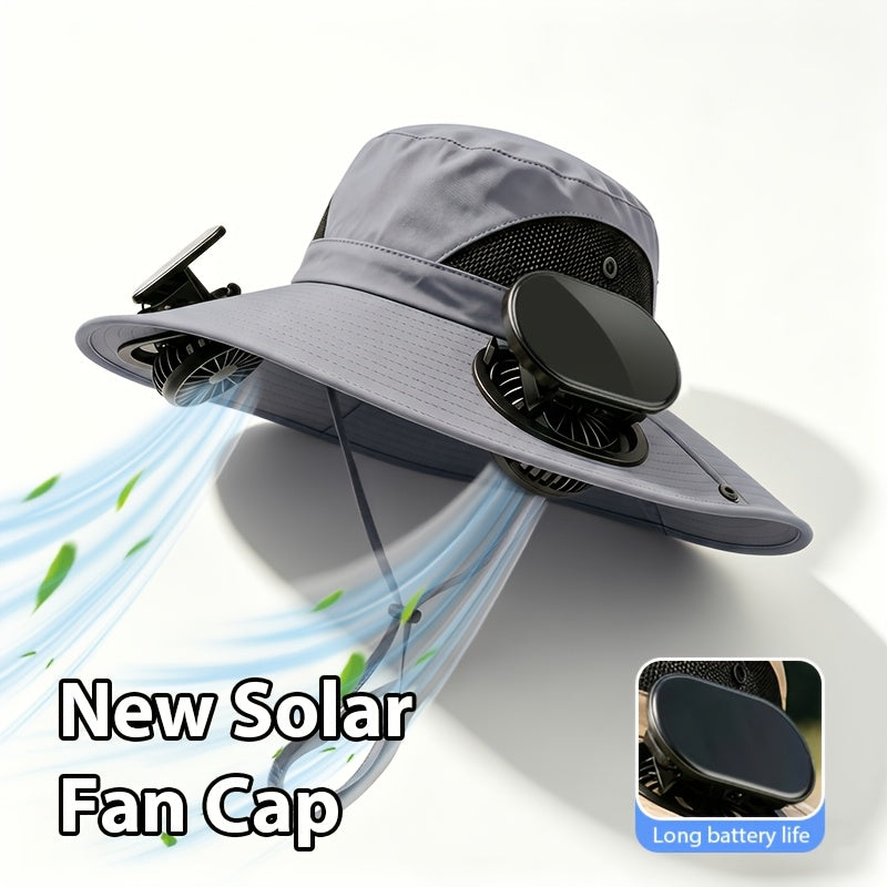 Chapeau de soleil à large bord pour homme avec 2 ventilateurs intégrés – Chapeau de pêche respirant avec protection UV pour le camping, la randonnée et la plage en été