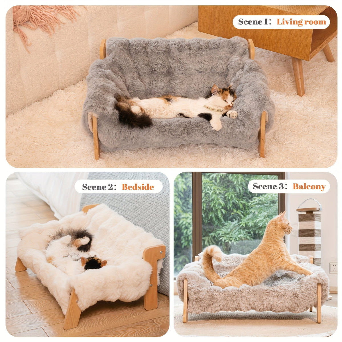 Canapé-lit surélevé pour animaux, fauteuil de repos pour chien et chat en bois massif avec tapis en bambou, meuble moderne pour petits et moyens chiens et chats, robuste et élégant, gris et blanc