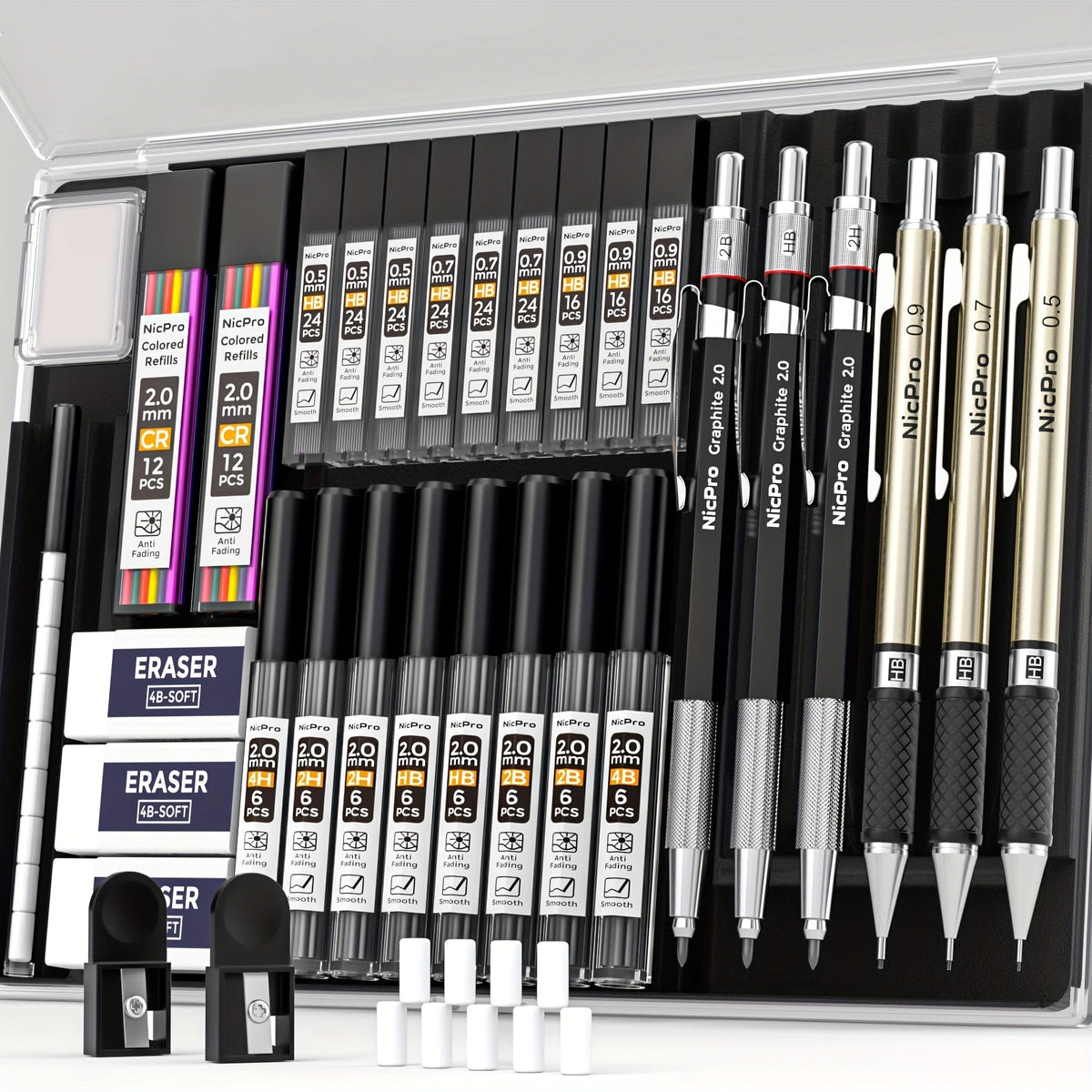 Ensemble de 34 crayons mécaniques artistiques avec étui, 6 crayons de dessin en métal, mines de 0,5 mm, 0,7 mm, 0,9 mm, 2 mm, 19 mines de recharge et gommes pour artistes, croquis et dessin