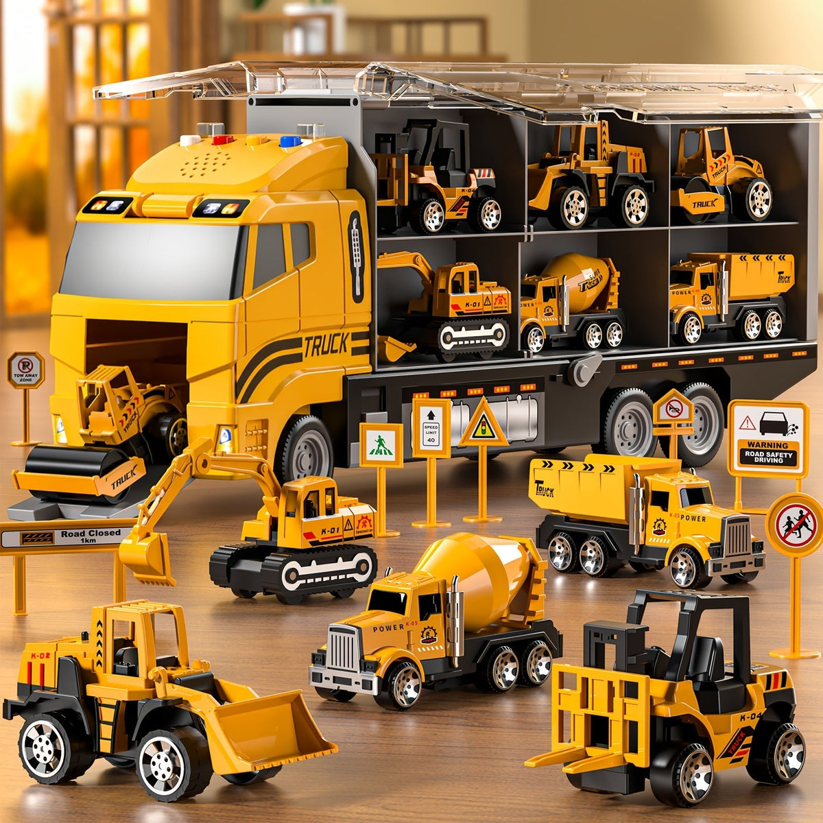 Ensemble de 13 véhicules de chantier avec camions moulés sous pression, tapis de jeu et transporteur – Coffret de jeu pour enfants de 3 ans et plus, cadeau idéal pour Noël et les anniversaires