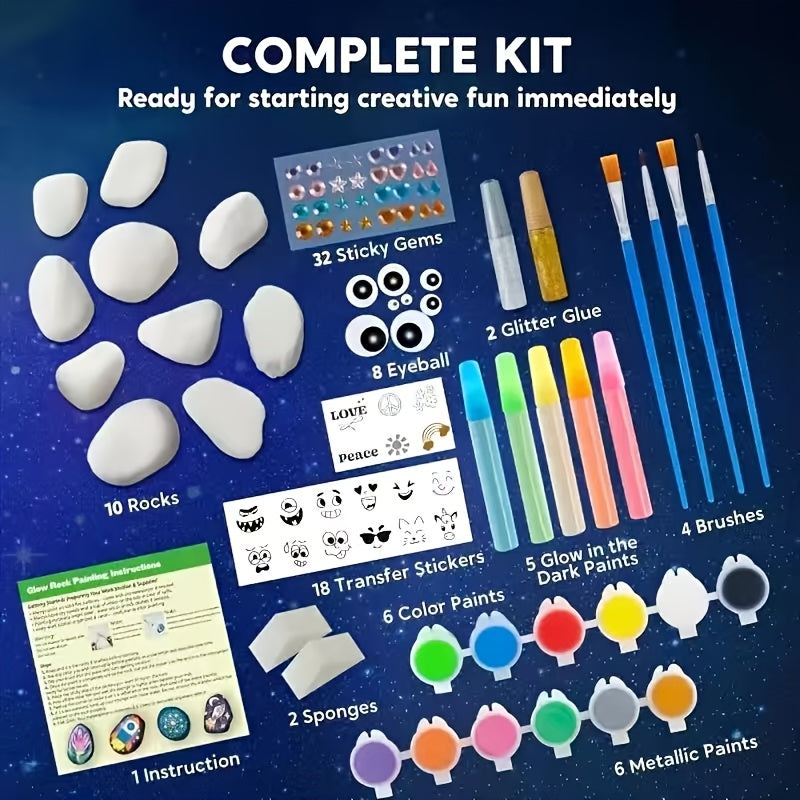 Kit de peinture sur pierres phosphorescentes pour enfants – Ensemble créatif de bricolage et art rupestre, jouet de peinture graffiti, cadeau d'activité en plein air pour anniversaires de garçons et filles
