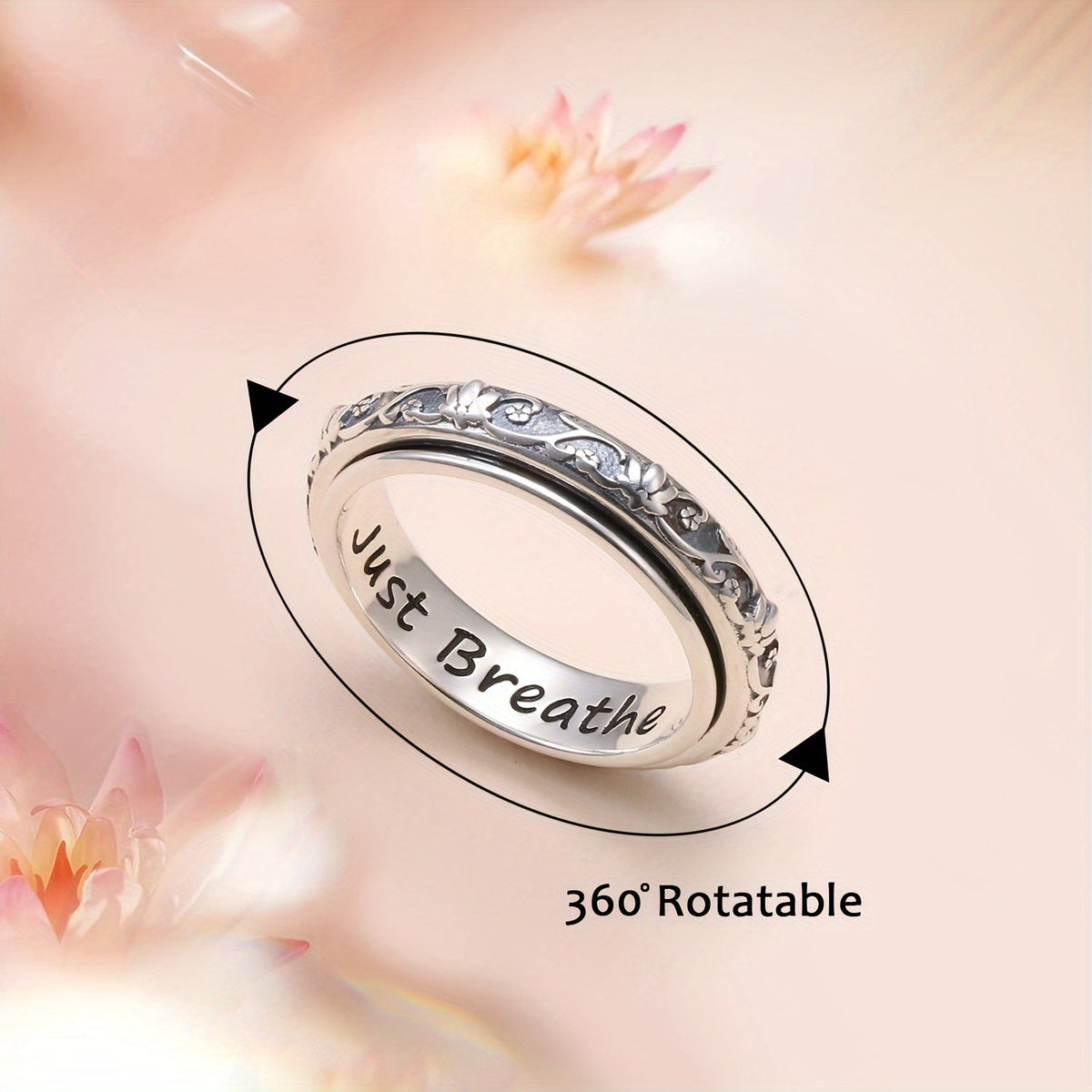 Bague anti-anxiété en argent sterling 925 avec motif fleur de lotus – Anneau rotatif oxydé « Just Breathe » pour soulager le stress, le TDAH, l'autisme et le yoga, bague unisexe pour l'inquiétude, tailles 57-67, cadeau pour femmes et hommes