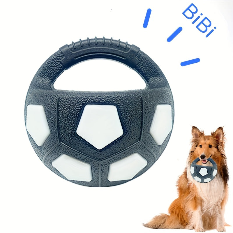Jouet pour chien ballon de football avec couineur et poignée de transport - Balle interactive pour chien en TPR durable pour toutes les tailles, jouet rebondissant de 14 cm pour rapporter et dribbler, pour jouer à l'intérieur et à l'extérieur