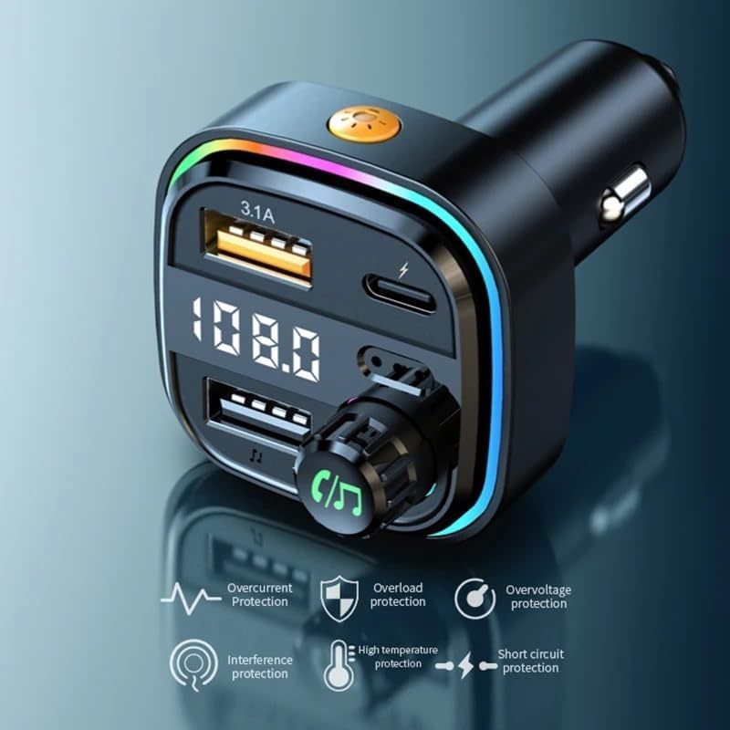 Transmetteur FM Bluetooth pour voiture – BT 5.0, charge rapide 48W QC3.0 & PD, double microphone, basses 360°, 2 ports USB + 1 port USB-C, prend en charge clé USB & AUX, adaptateur autoradio – Noir