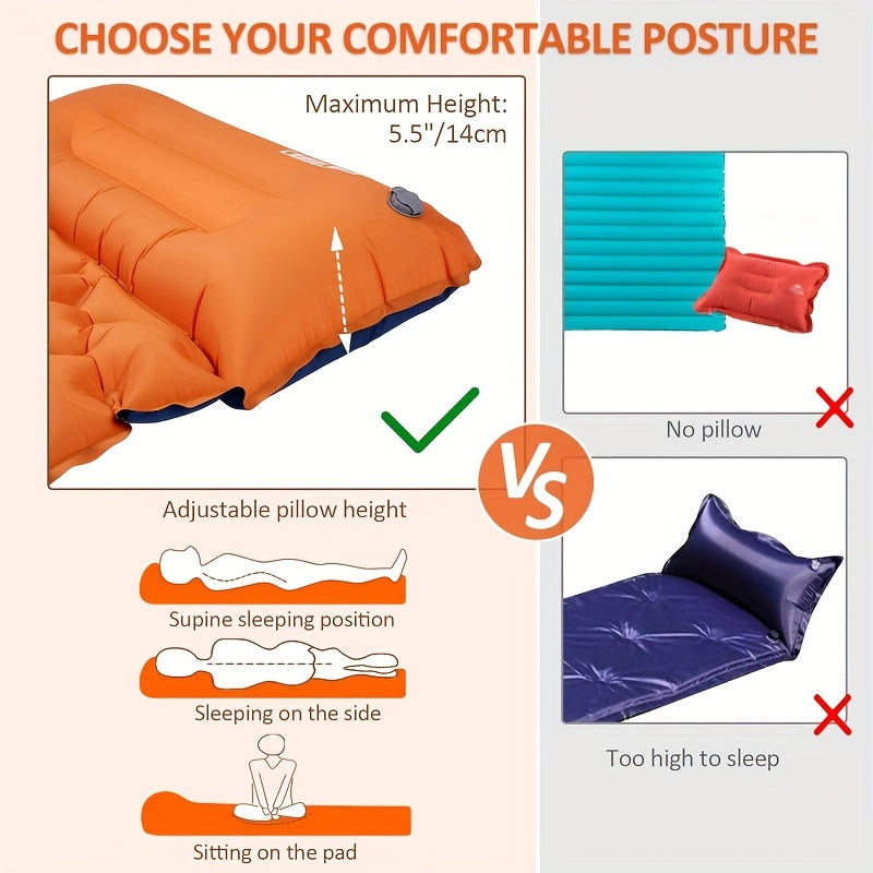Matelas de couchage autogonflant ultraléger en nylon TPU, pompe intégrée, options une ou deux places, matelas de camping compact et portable pour le camping, la randonnée, le sac à dos, les voyages et les pique-niques, orange et bleu