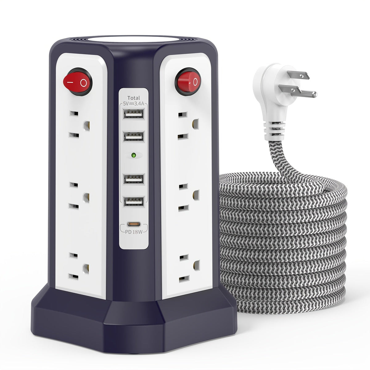 Tour multiprise, 16 prises CA, 5 ports USB, USB-C PD 20W, parafoudre 1500J, prise plate, rallonge de bureau
