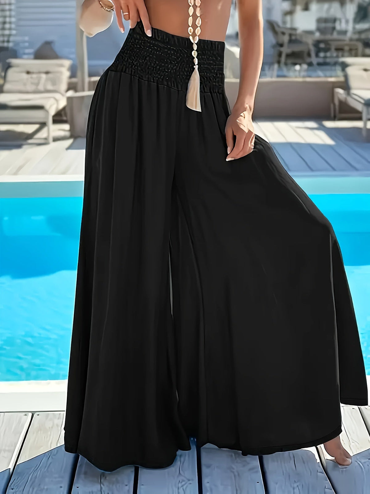 Pantalon large évasé pour femme, taille élastique, coupe ample, pantalon décontracté pour les vacances, bas élégants, blanc, noir, rouge, bleu paon, XS-XXL