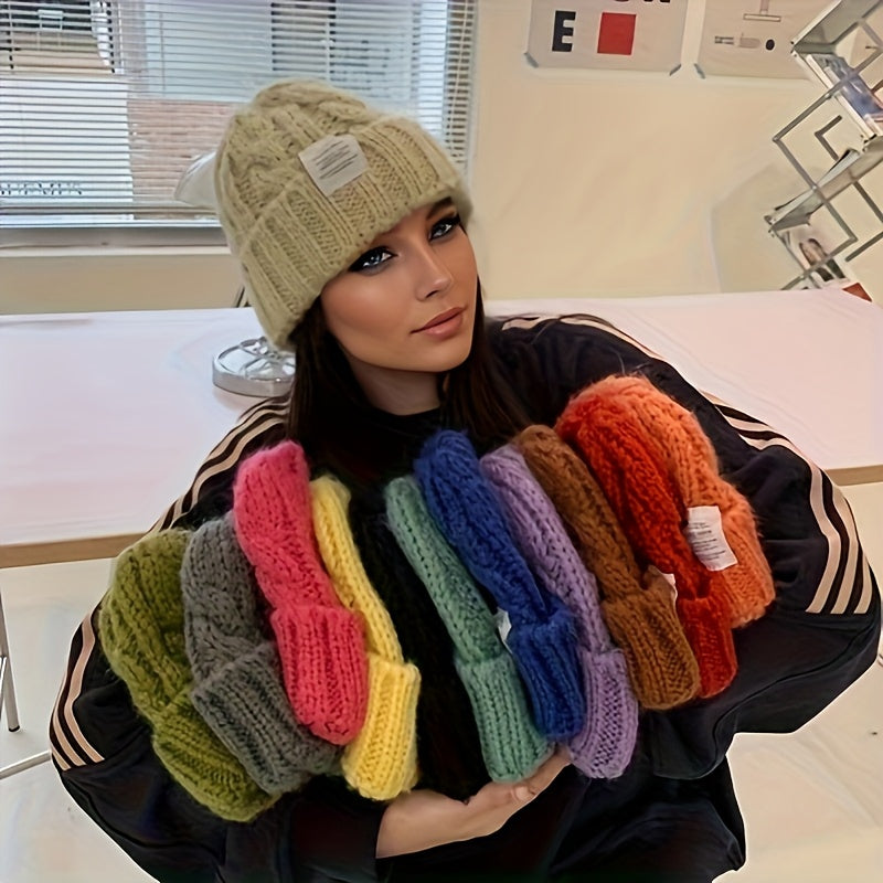 Lot de 2 bonnets d'hiver en tricot pour femmes et hommes, bonnets chauds à grosses mailles torsadées aux couleurs bonbon avec protection des oreilles, bonnet souple et ample pour l'extérieur et la ville par temps froid