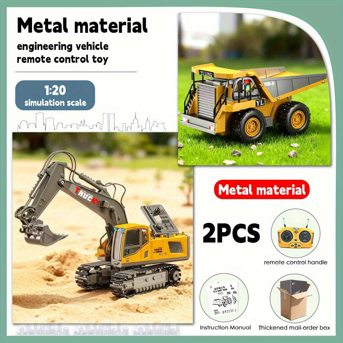 Ensemble de pelleteuse télécommandée avec pelle en métal, lumières LED, batterie 1200 mAh, camion de construction radiocommandé, bulldozer, camion à benne et chargeuse, cadeau d'anniversaire ou de Noël pour garçons à partir de 6 ans