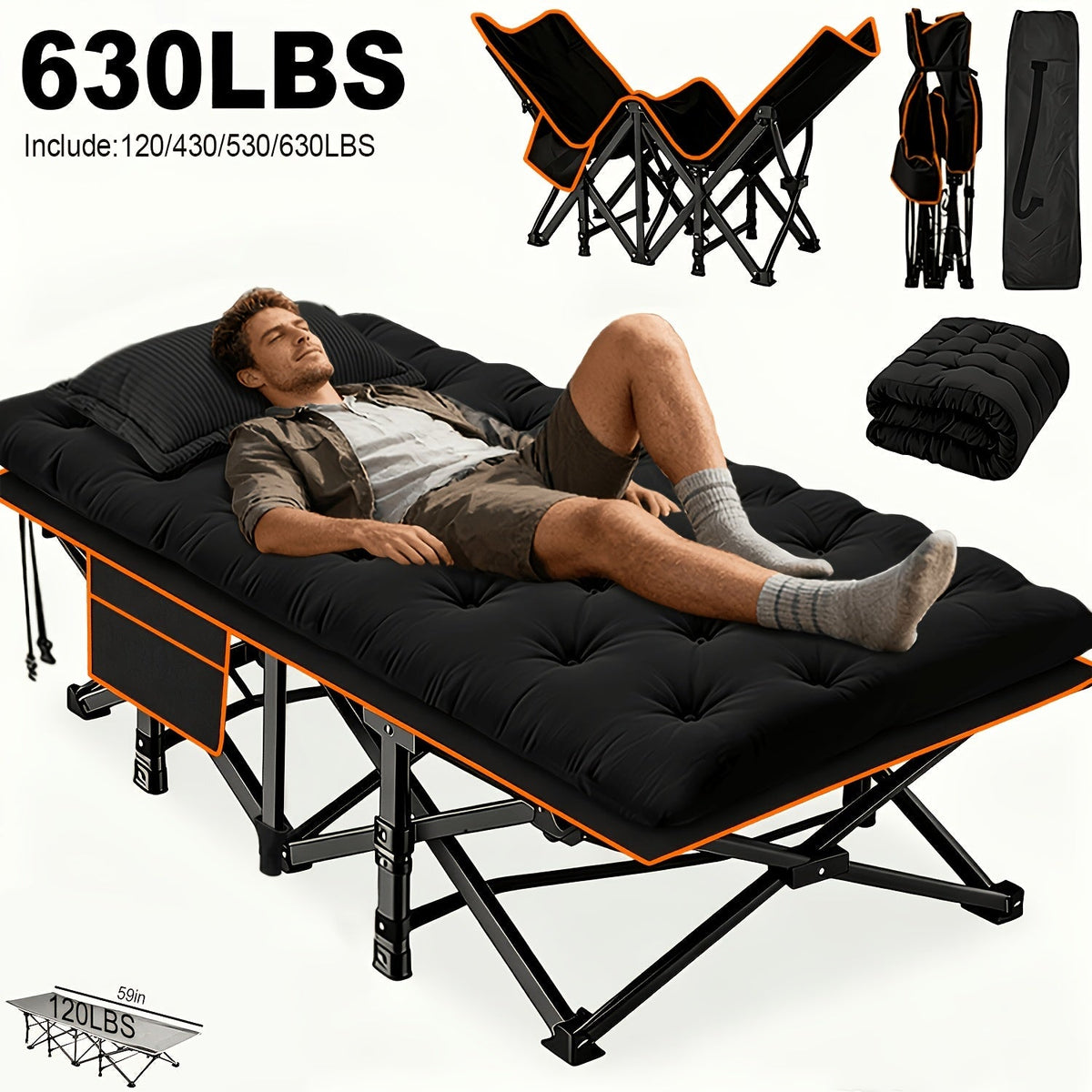 Lit pliant ultra-résistant supportant jusqu’à 285 kg avec matelas en option – Lit de camp portable avec pieds de support multiples, poches latérales et oreiller, lit d'appoint toutes saisons de 150 à 195 cm, peu encombrant