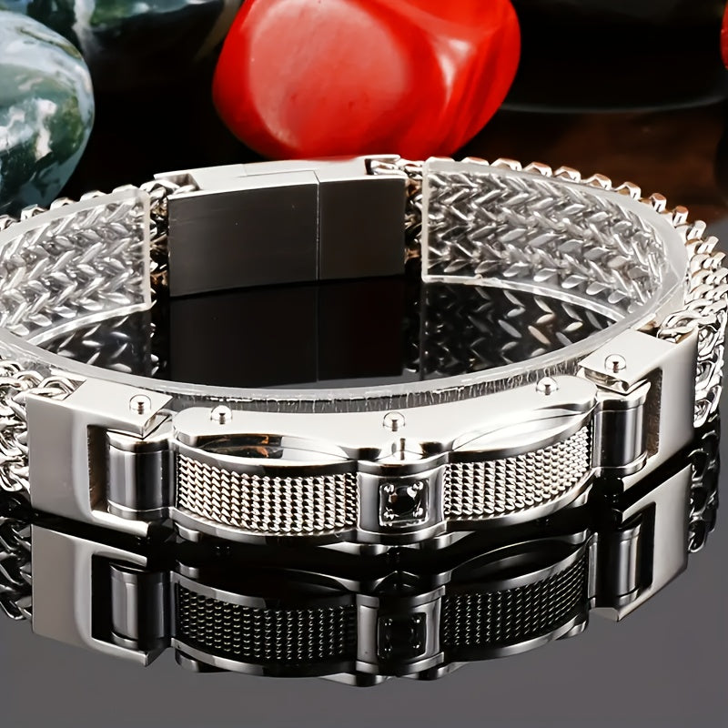 Bracelet de motard hip-hop pour homme en acier inoxydable, style punk rock, avec fermoir magnétique et pierres synthétiques, bijou pour soirée en boîte de nuit ou mariage
