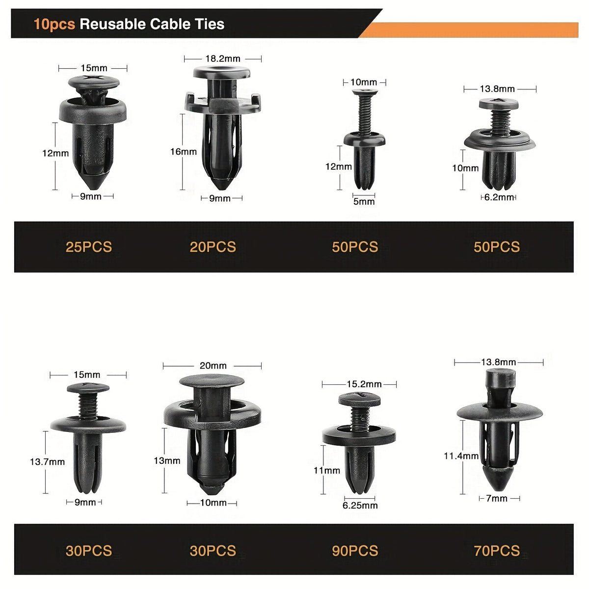 Kit d'assortiment de clips de fixation pour voiture 115/635/640/1290 pièces - 16 tailles de rivets en nylon pour pare-chocs et garde-boue, fixations automobiles avec serre-câbles et outil de démontage